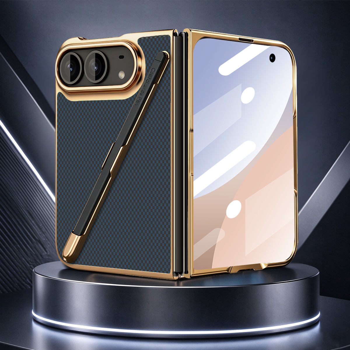 Dark blue Kevlar texture case for iPhone DUO displayed standing open on a pedestal, showing the gold electroplated hinge, rear pen slot with stylus, and integrated front tempered screen guard.