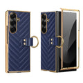Dark blue chevron leather ring case for Samsung Galaxy Z Fold with gold electroplated trim and front glass protector⁠