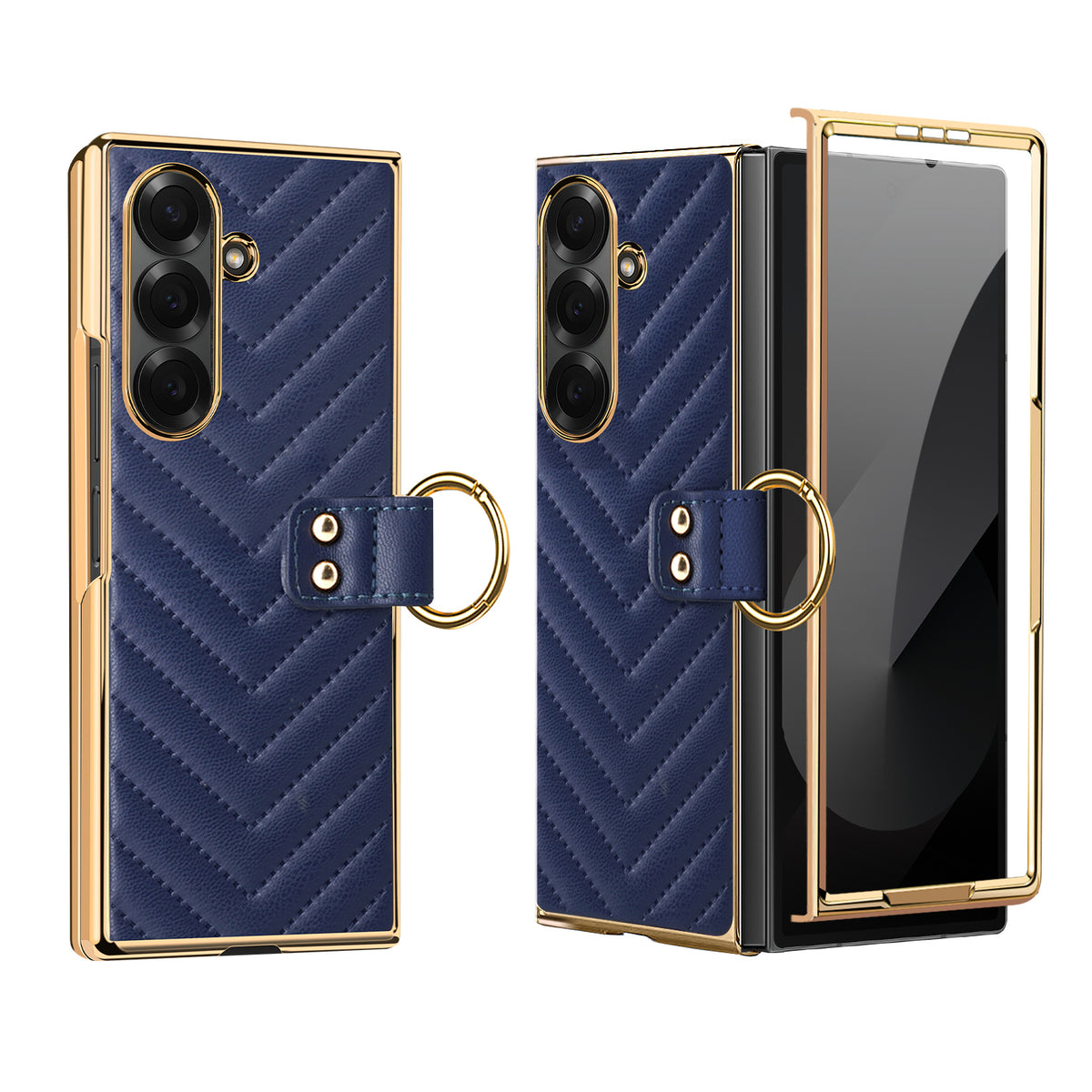 Dark blue chevron leather ring case for Samsung Galaxy Z Fold with gold electroplated trim and front glass protector⁠