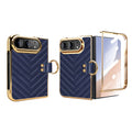 Dark blue chevron quilted leather case for iPhone DUO displaying folded back view, gold electroplated trim, and open screen view with front cover tempered glass film.