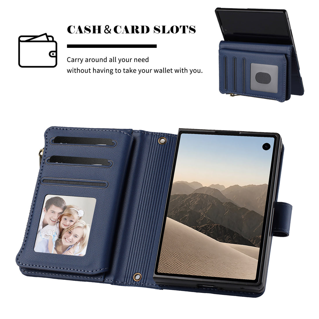 Six color options for iPhone DUO luxury leather wallet cases shown in Black, Purple, Dark Blue, Dark Green, Sky Blue, and Mint Green.