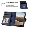 Dark blue leather wallet case for iPhone DUO displaying open view with photo ID frame, credit card slots, and kickstand stand mode.