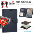 Dark blue leather wallet case for iPhone DUO illustrating electronic RFID blocking signal protection layer and anti-scan security.