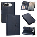 Dark blue leather wallet case for iPhone DUO showcasing multi-angle views including rear camera cutout, closed folio cover, open card slots with photo ID frame, and kickstand support.