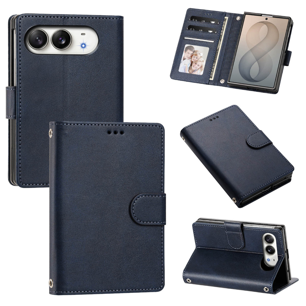 Dark blue leather wallet case for iPhone DUO showcasing multi-angle views including rear camera cutout, closed folio cover, open card slots with photo ID frame, and kickstand support.