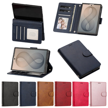 Dark blue leather wallet case for iPhone DUO showing full multi-angle product views, kickstand support, open card slots flap, and 6 available color options.