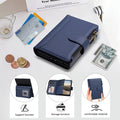 Dark blue leather wallet case for iPhone DUO sitting on a desk with credit cards and cash, highlighting kickstand support and card storage functionality.