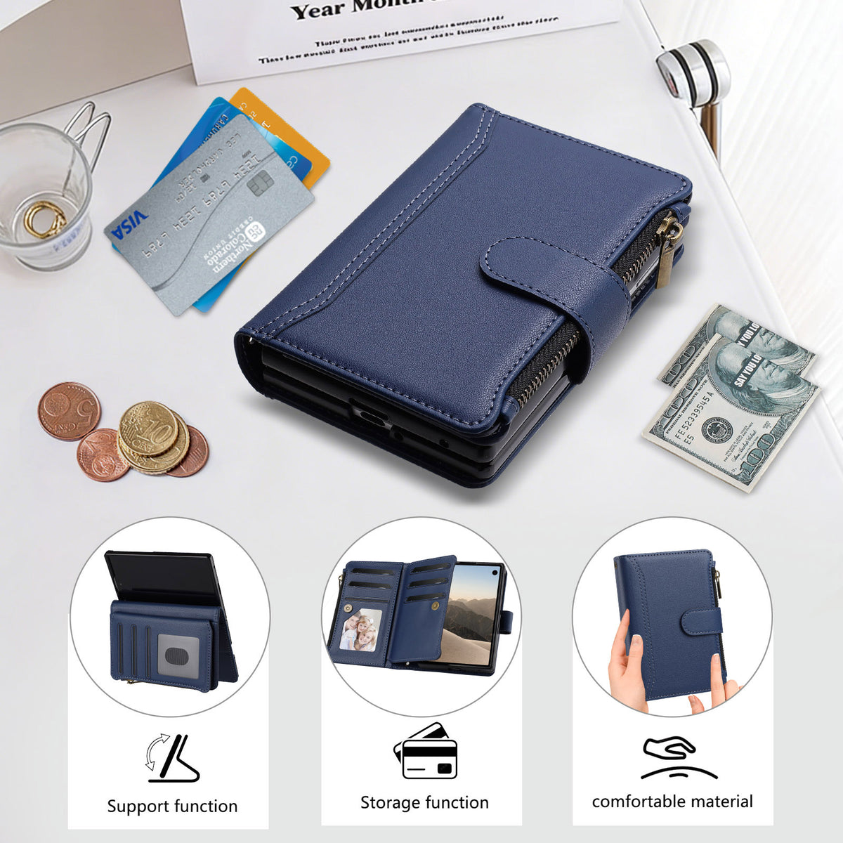 Dark blue leather wallet case for iPhone DUO sitting on a desk with credit cards and cash, highlighting kickstand support and card storage functionality.