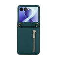 Dark forest green leather wallet case with vertical zipper pocket designed for Samsung Galaxy Z Flip.⁠