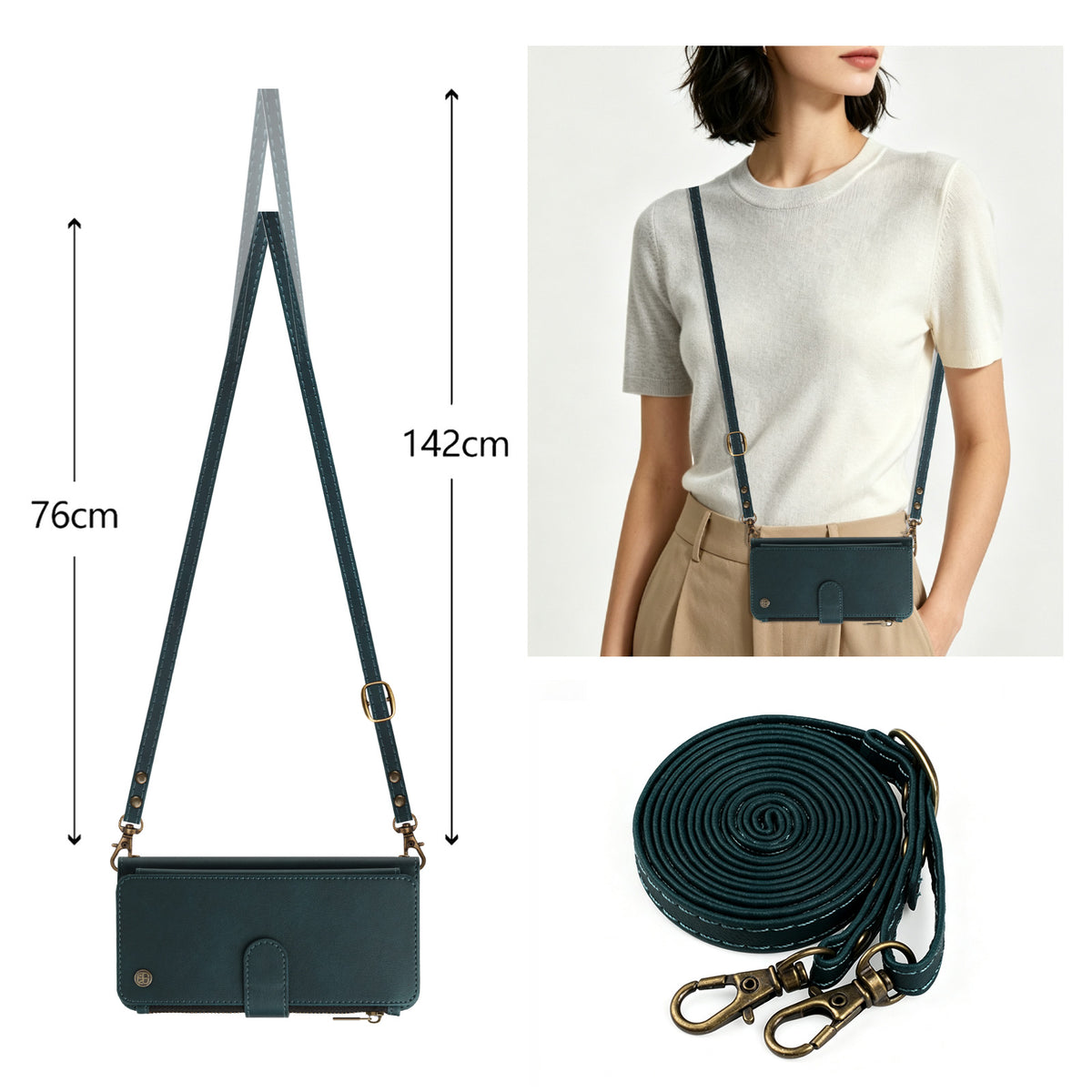 Dark green Moto G Stylus 5G crossbody phone case displaying 76cm to 142cm adjustable shoulder strap measurements