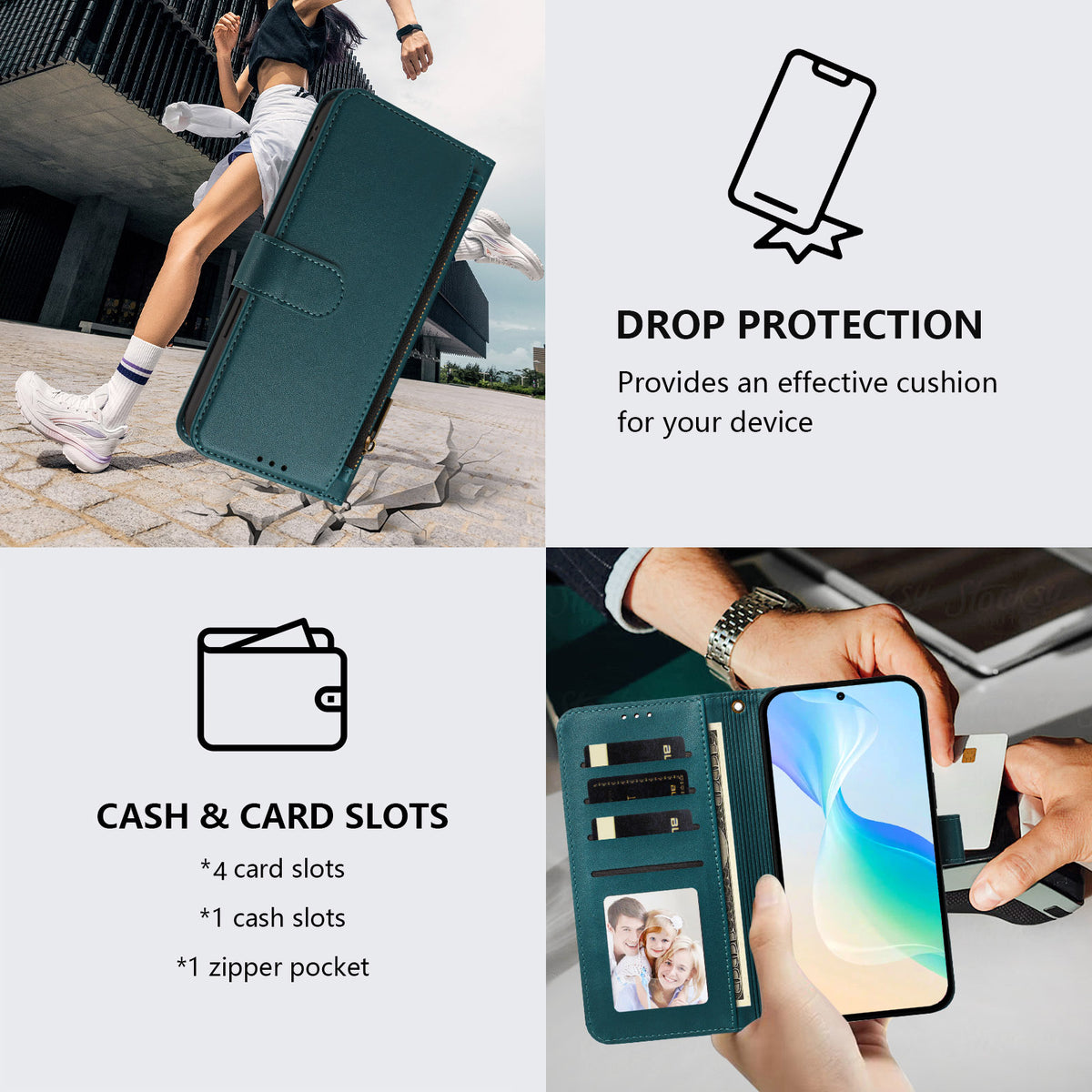 Dark green Motorola Moto G Power 5G leather phone cover illustrating drop protection cushion and open wallet layout showing card and cash slots.