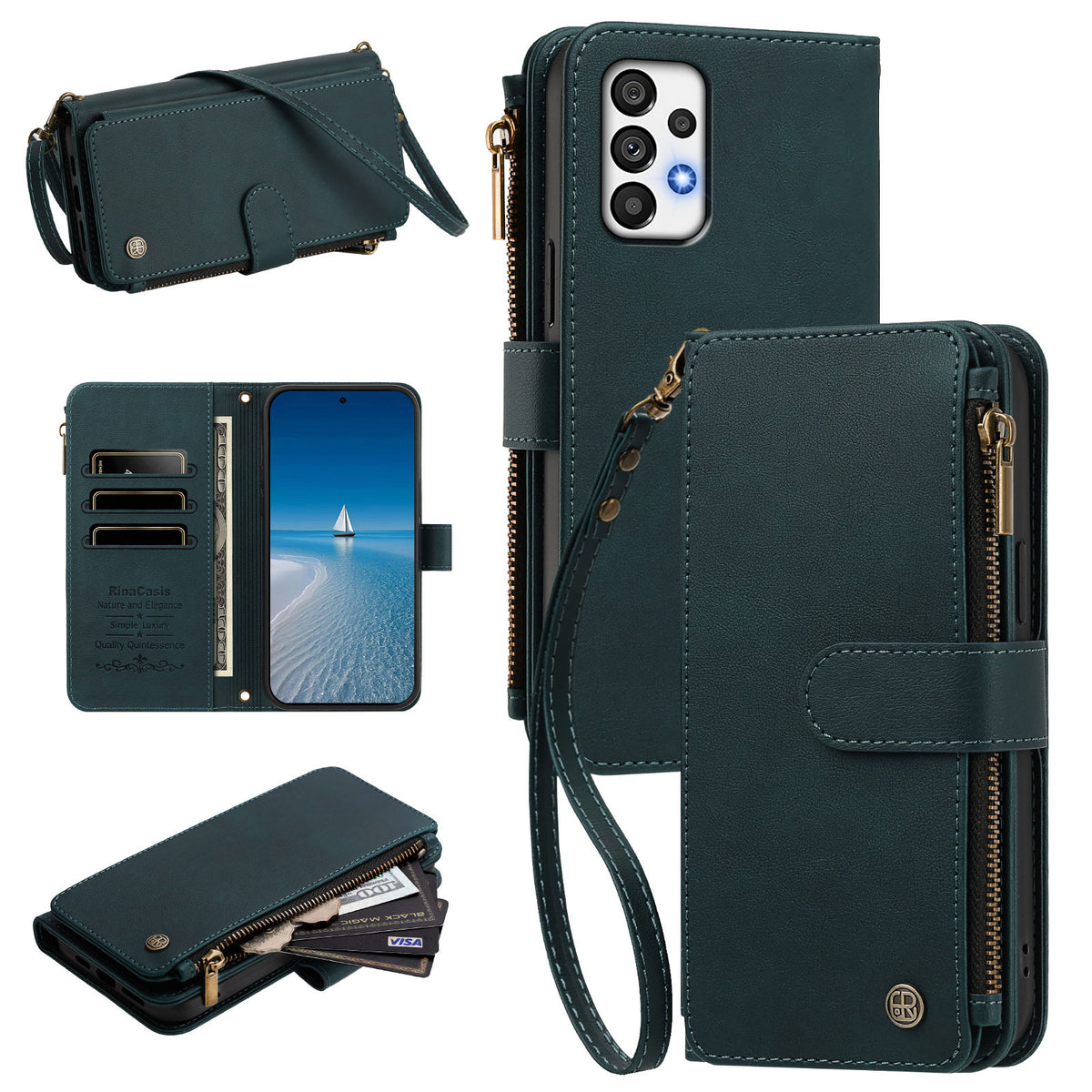 Dark green leather crossbody wallet case for Samsung Galaxy A73, A72, and A71 5G4G featuring full product composite views, camera cutout, internal card slots flap, zipper coin purse, and wrist strap.