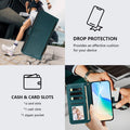 Dark green leather folio wallet cover for Samsung Galaxy A-series demonstrating shockproof drop cushioning protection and internal layout with 4 card slots, 1 cash bill slot, and 1 zipper pocket.