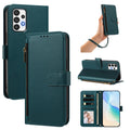 Dark green leather wallet case for Samsung Galaxy A73 A72 A71 displayed from 5 angles including camera lens cutout, wristlet strap carry, horizontal kickstand mode, and interior wallet layout with 4 card slots, cash pocket, and photo window.

