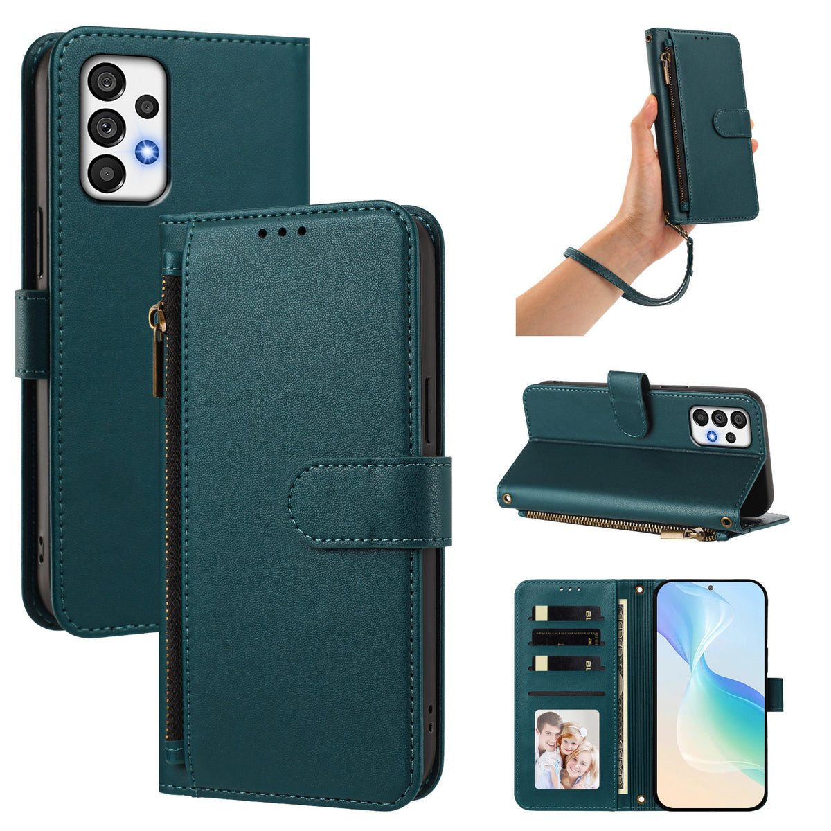 Dark green leather wallet case for Samsung Galaxy A73 A72 A71 displayed from 5 angles including camera lens cutout, wristlet strap carry, horizontal kickstand mode, and interior wallet layout with 4 card slots, cash pocket, and photo window.
