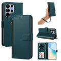 Dark green leather wallet case for Samsung Galaxy Ultra shown from 5 angles including camera lens cutout, wristlet strap carry, horizontal kickstand mode, and interior wallet layout with card slots and photo window.