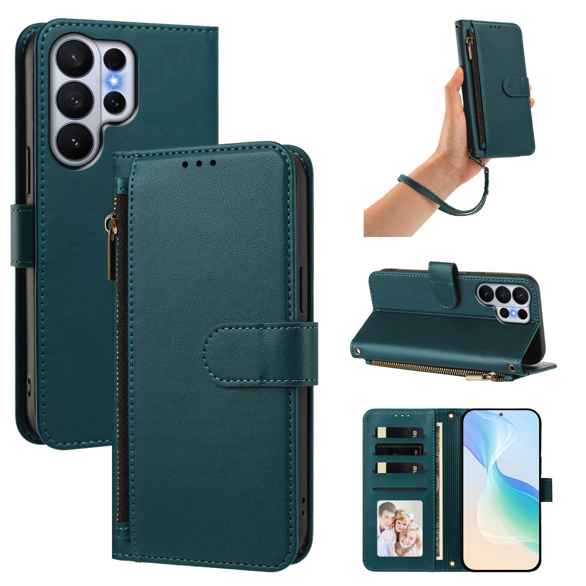 Dark green leather wallet case for Samsung Galaxy Ultra shown from 5 angles including camera lens cutout, wristlet strap carry, horizontal kickstand mode, and interior wallet layout with card slots and photo window.