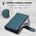 Dark green leather wallet case for iPhone DUO displaying close-up zipper pocket holding coins, cash, and credit cards.