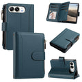 Dark green luxury leather wallet case for iPhone DUO detailing closed front flap, camera lens protection, open card slots with photo ID frame, and kickstand feature.