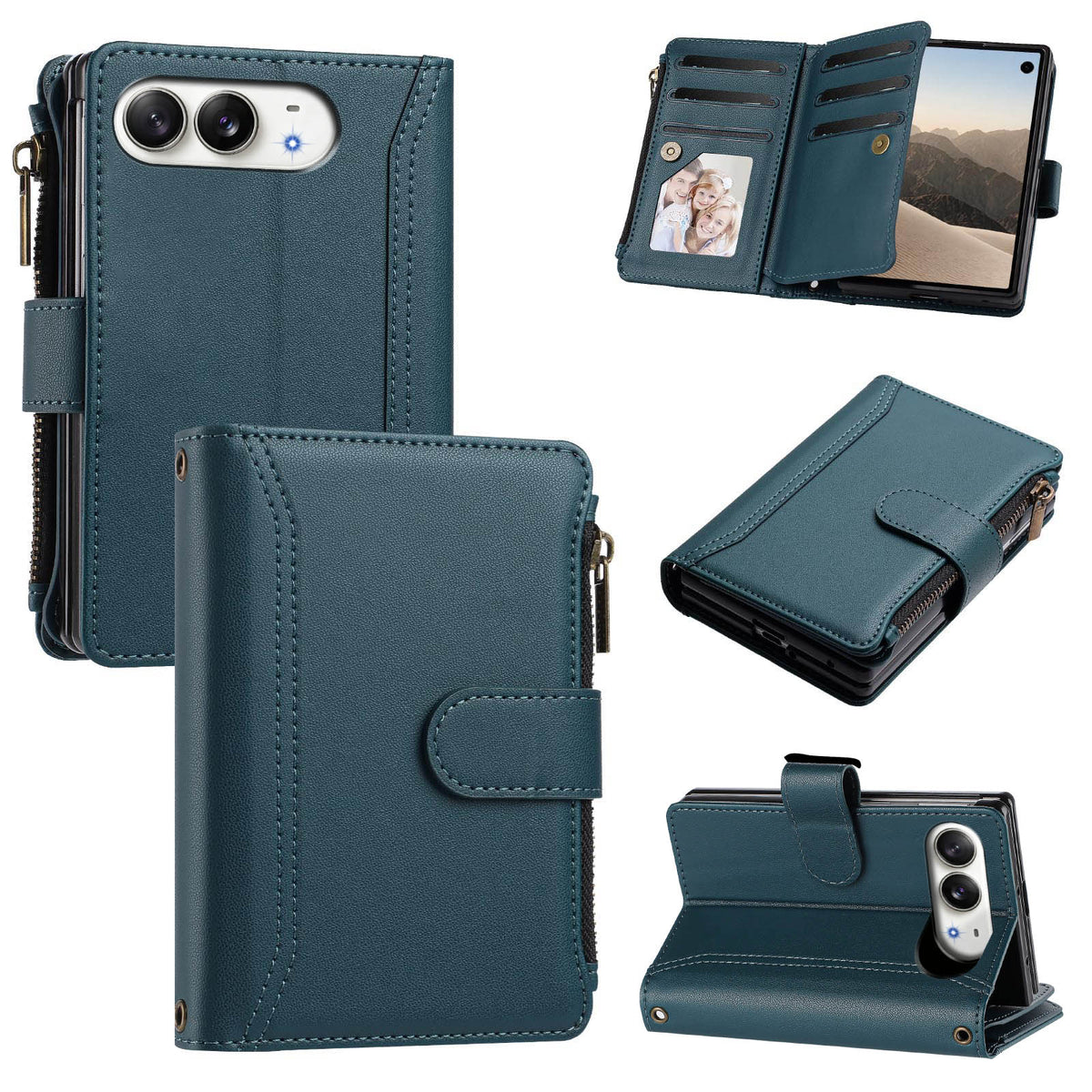 Dark green luxury leather wallet case for iPhone DUO detailing closed front flap, camera lens protection, open card slots with photo ID frame, and kickstand feature.