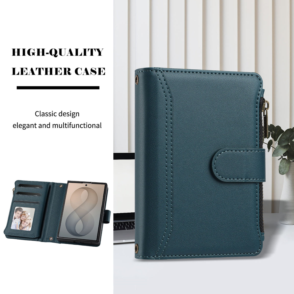 Dark green luxury leather wallet folio case for Samsung Galaxy Z Fold 8 standing.