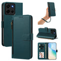 Dark green peacock Motorola Moto G Play leather phone case set showing camera cutouts, wrist strap, desktop stand mode, and open card folio interior with photo ID window