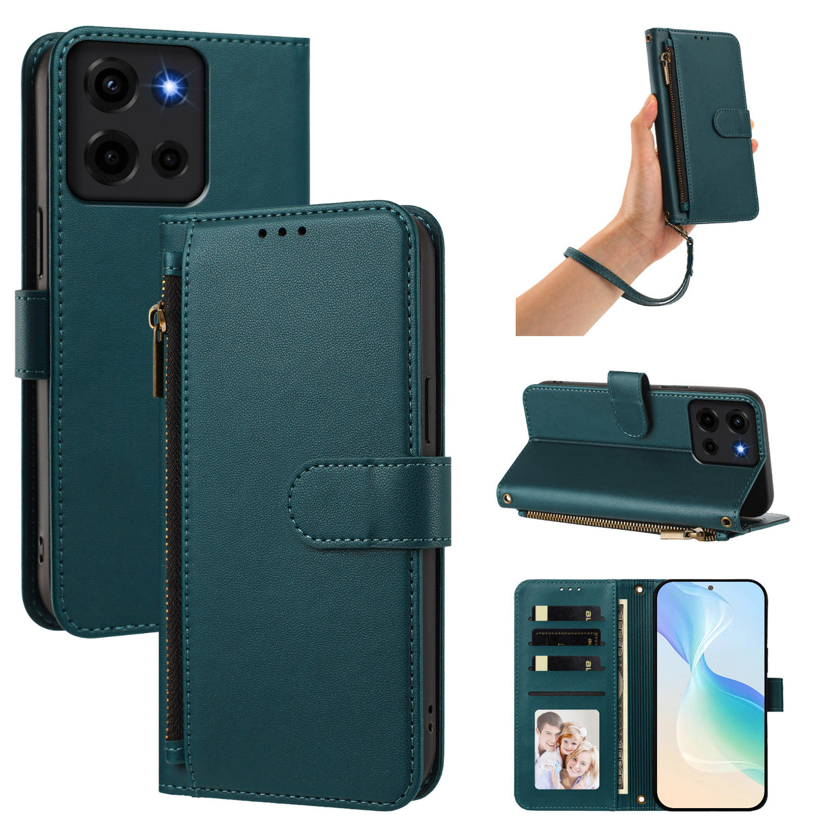 Dark green peacock Motorola Moto G Play leather phone case set showing camera cutouts, wrist strap, desktop stand mode, and open card folio interior with photo ID window