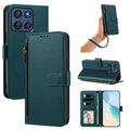 Dark green peacock Motorola Moto G Power 5G leather phone case set showing rear camera cutouts, hand wristlet strap, horizontal desktop kickstand, and open 4-card folio interior with photo ID window