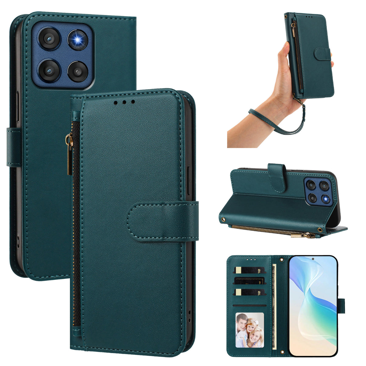 Dark green peacock Motorola Moto G Power 5G leather phone case set showing rear camera cutouts, hand wristlet strap, horizontal desktop kickstand, and open 4-card folio interior with photo ID window