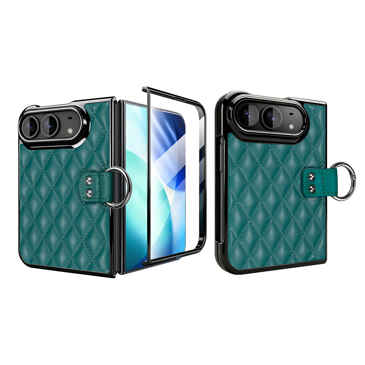Dark green quilted leather iPhone DUO phone case with integrated front glass protector and metal clasp ring