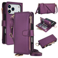 Dark plum purple leather wallet phone case composite with views of the rear camera cut-out, an adjustable crossbody strap, and an open interior displaying card slots and a cash pocket.