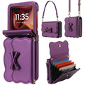 Dark purple bow leather wallet purse for Motorola RAZR highlighting precise cover screen cutout, detachable straps, and opened accordion card slots.