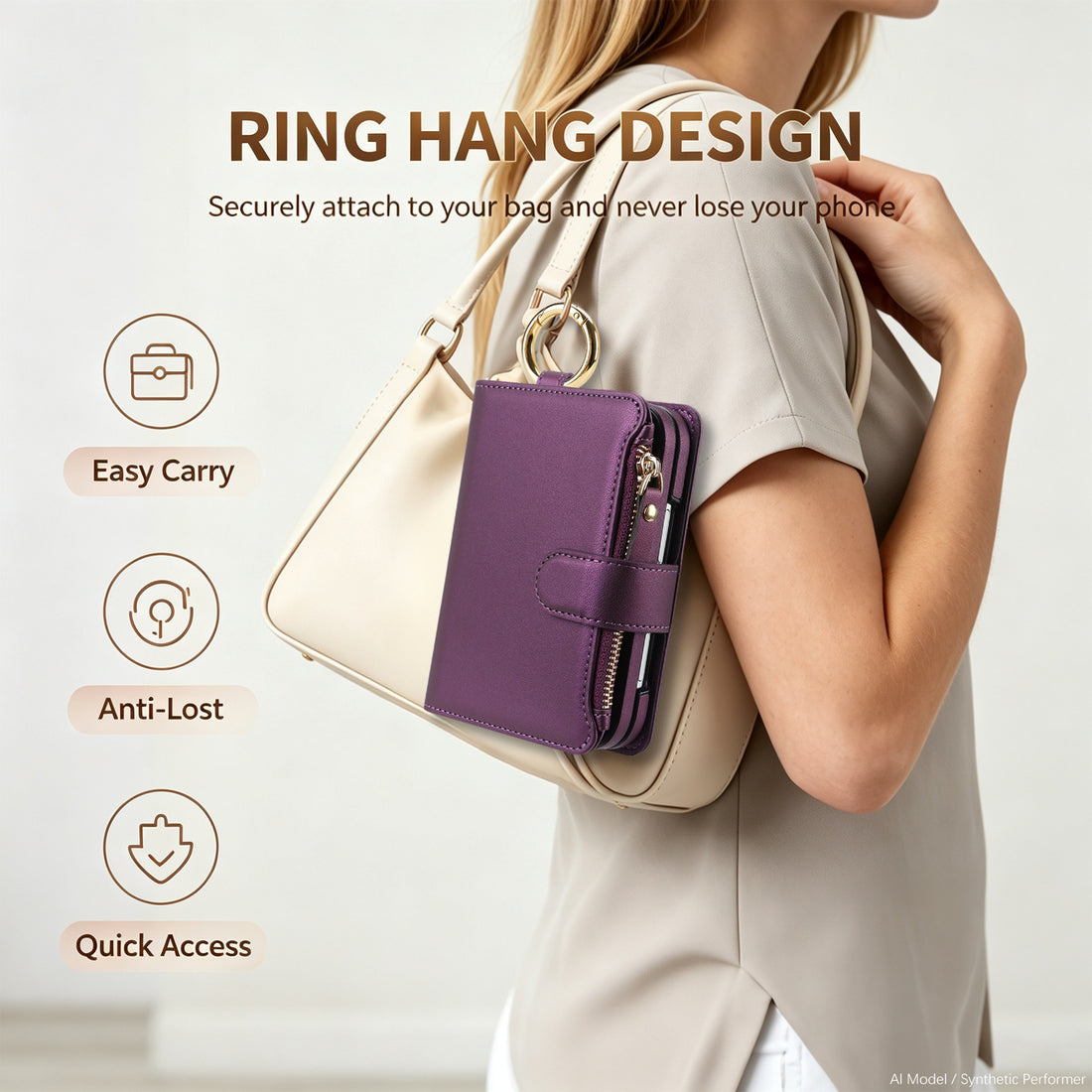 Dark purple iPhone DUO wallet case attached to handbag using ring hang design for anti-lost quick access
