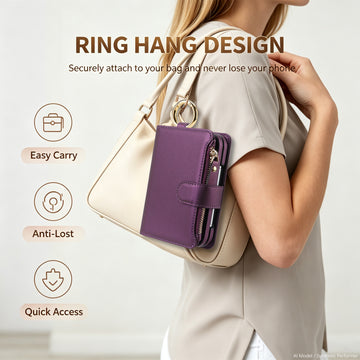 Dark purple iPhone DUO wallet case attached to handbag using ring hang design for anti-lost quick access