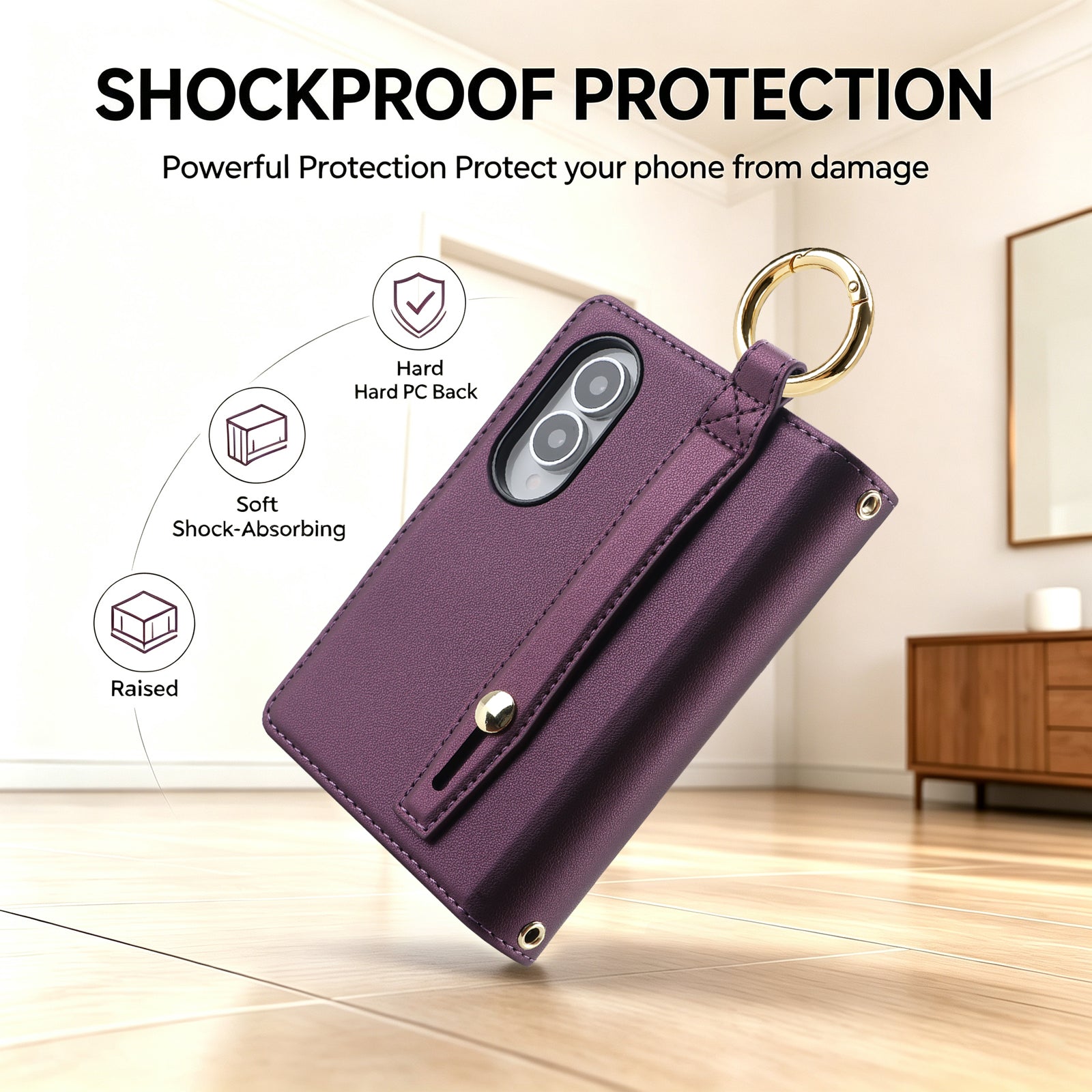 Dark purple leather Galaxy Z Fold 8 wallet case highlighting shockproof construction with raised bezels, hard PC back, and soft shock-absorbing materials.