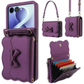 Dark purple leather Samsung Galaxy Z Flip crossbody wallet case featuring bow trim, convertible carrying straps, and multi-card accordion slots