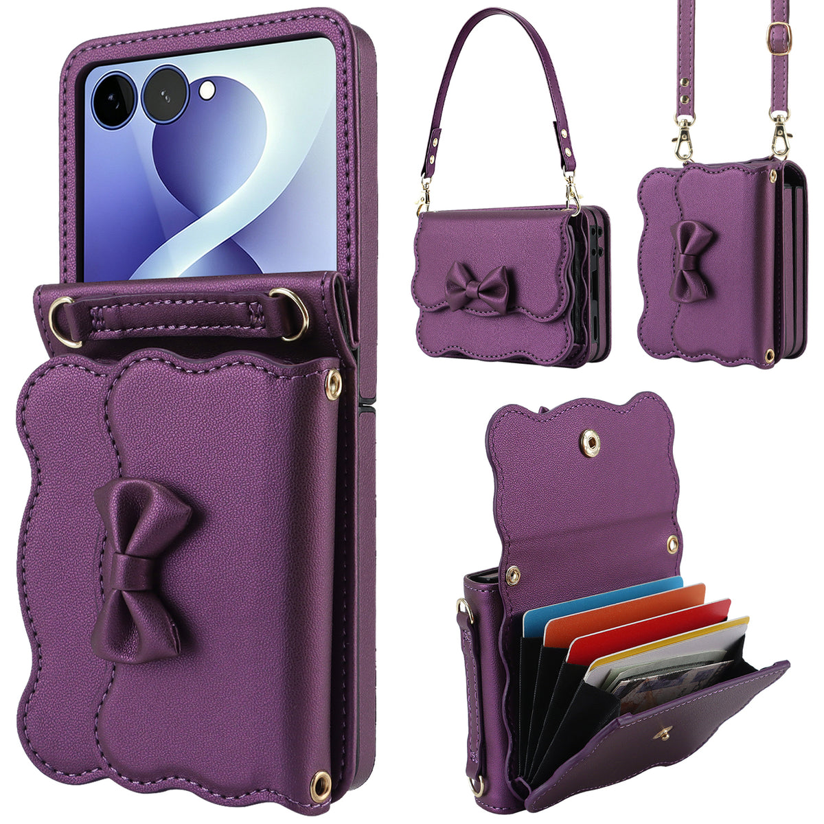 Dark purple leather Samsung Galaxy Z Flip crossbody wallet case featuring bow trim, convertible carrying straps, and multi-card accordion slots
