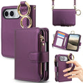 Dark purple leather iPhone DUO crossbody case showing zipper compartment, interior card slots, shoulder strap attachment, and ring grip