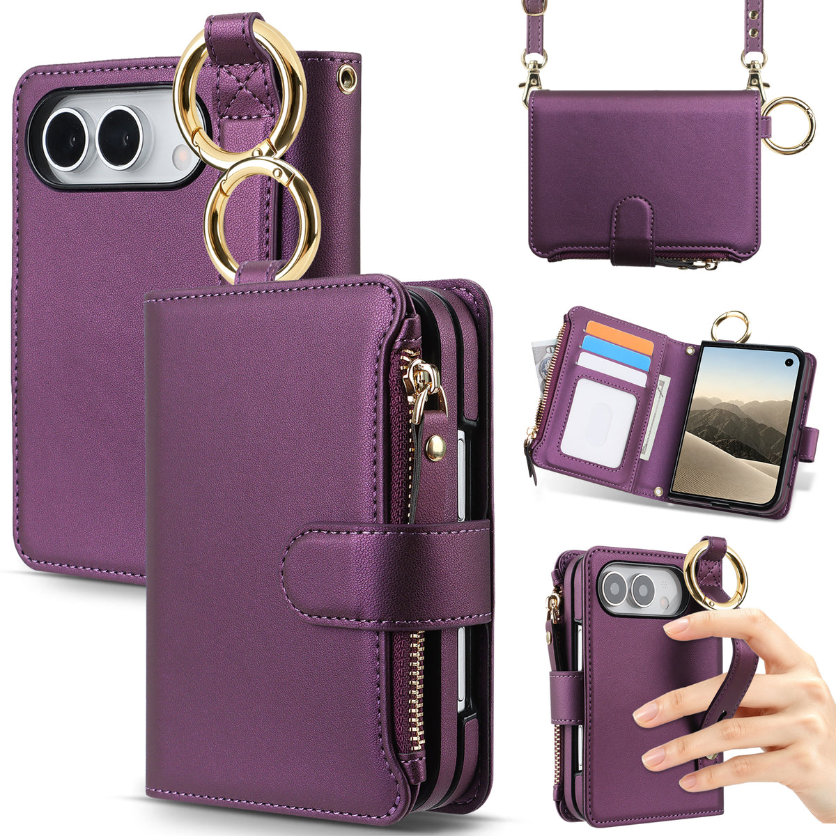 Dark purple leather iPhone DUO crossbody case showing zipper compartment, interior card slots, shoulder strap attachment, and ring grip