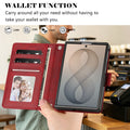 Dark red leather wallet case for iPhone DUO displaying open view with photo ID frame, credit card slots, cash bill pocket, and tap-to-pay wallet functionality.