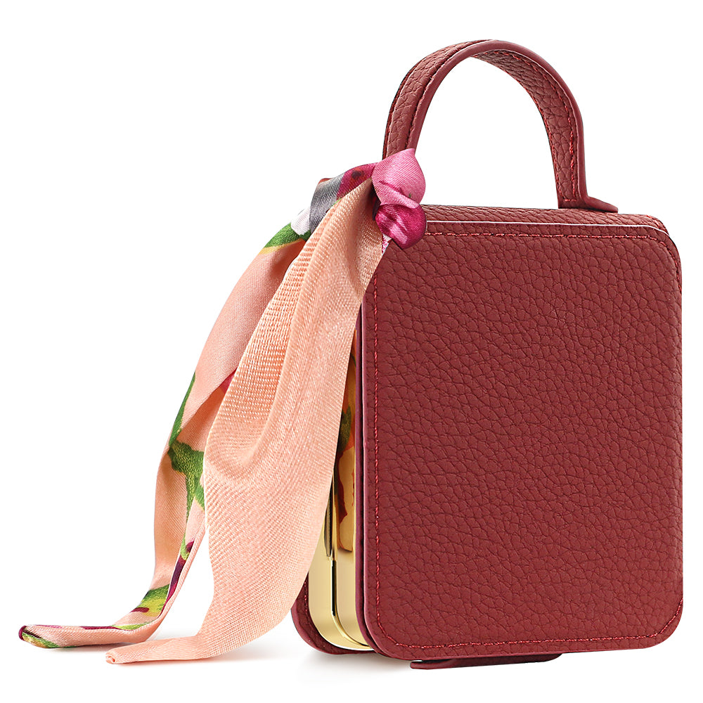 Dark red luxury leather handbag phone case for Samsung Galaxy Z Flip with gold frame trim and silk ribbon
