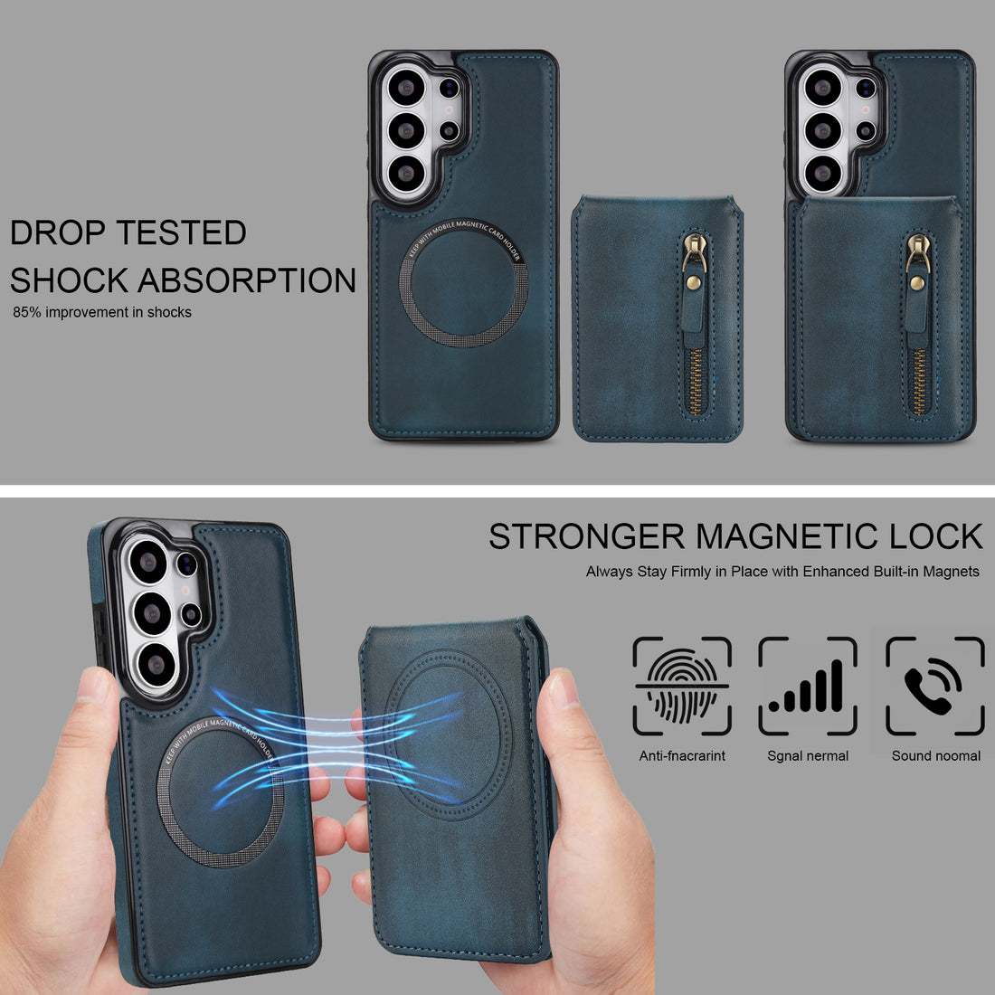 Dark teal blue 2-in-1 magnetic leather wallet case for Samsung Galaxy showing drop tested shock absorption and strong magnetic attachment ring
