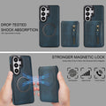 Dark teal blue 2-in-1 magnetic leather wallet case for Samsung Galaxy showing drop tested shock absorption and strong magnetic attachment ring