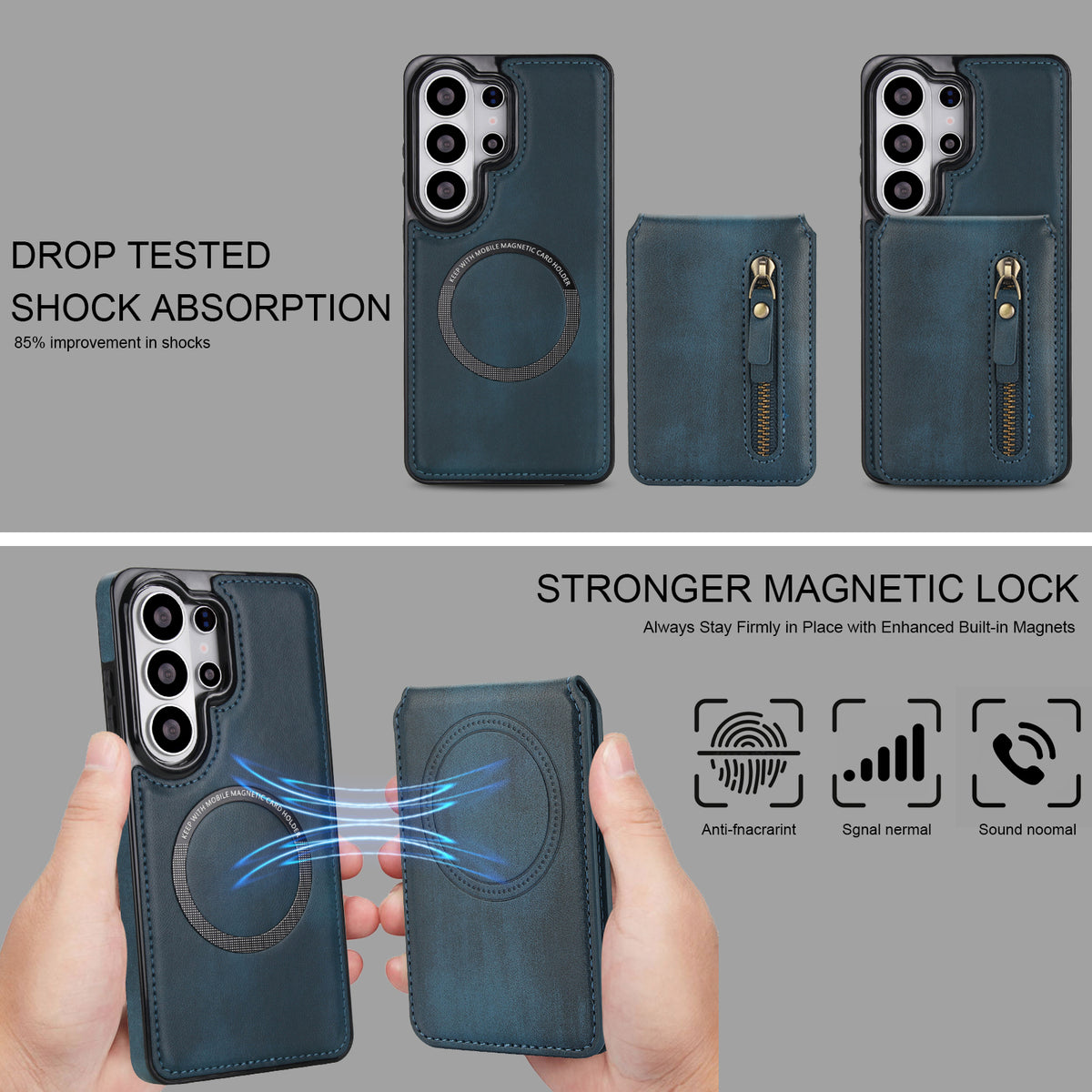 Dark teal blue 2-in-1 magnetic leather wallet case for Samsung Galaxy showing drop tested shock absorption and strong magnetic attachment ring