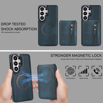 Dark teal blue 2-in-1 magnetic leather wallet case for Samsung Galaxy showing drop tested shock absorption and strong magnetic attachment ring