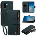 Dark teal green leather Samsung Galaxy A series folio wallet case with zipper pocket magnetic flap and wrist strap