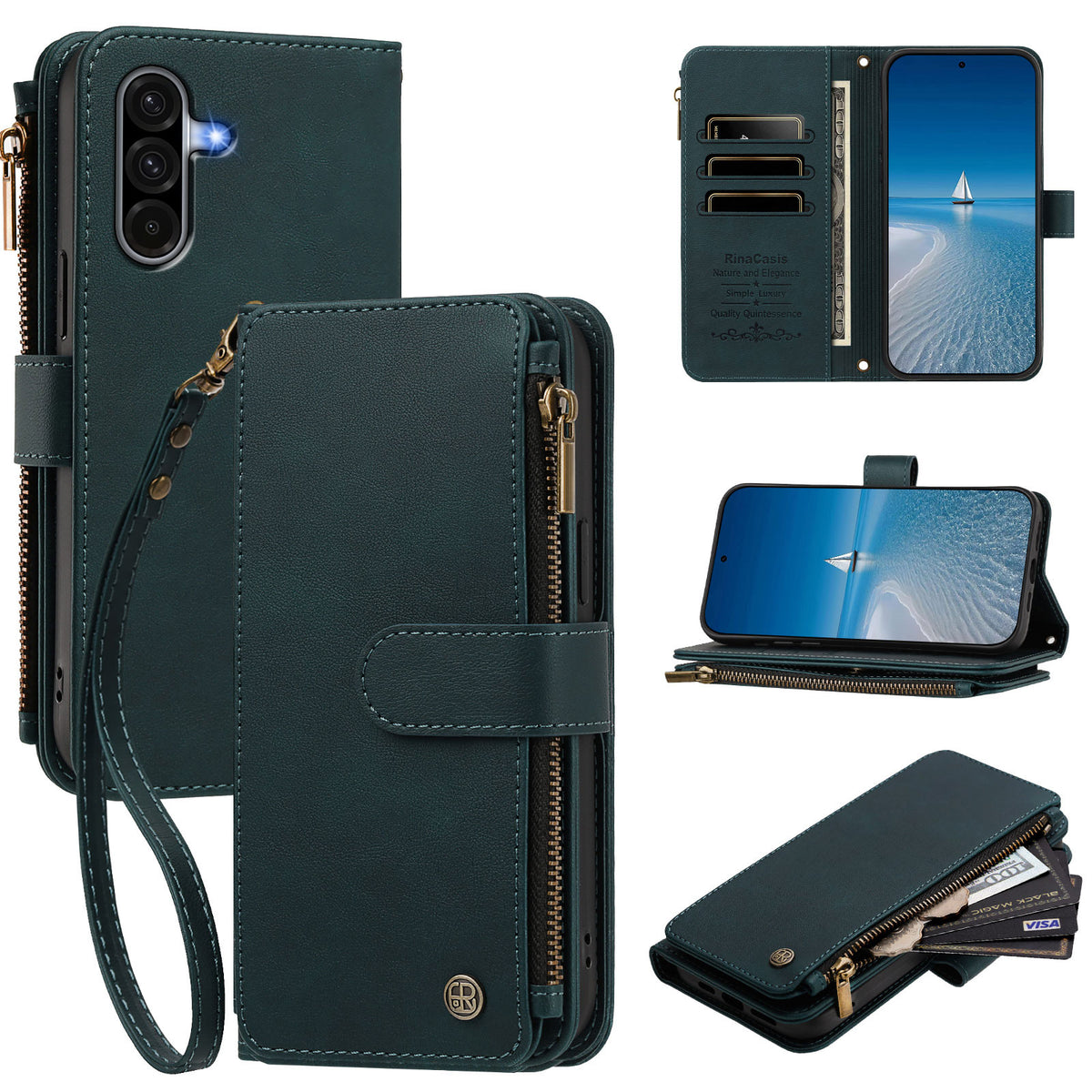 Dark teal green leather Samsung Galaxy A series folio wallet case with zipper pocket magnetic flap and wrist strap
