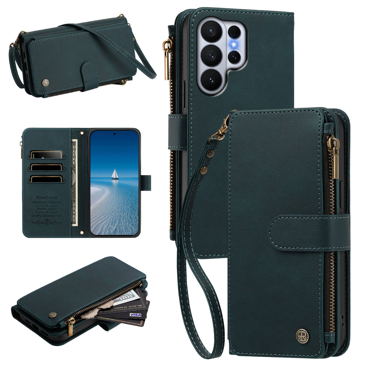 Dark teal green leather crossbody zipper wallet phone case for Samsung Galaxy S26 S25 S24 Ultra featuring card slots cash pocket and wristlet strap