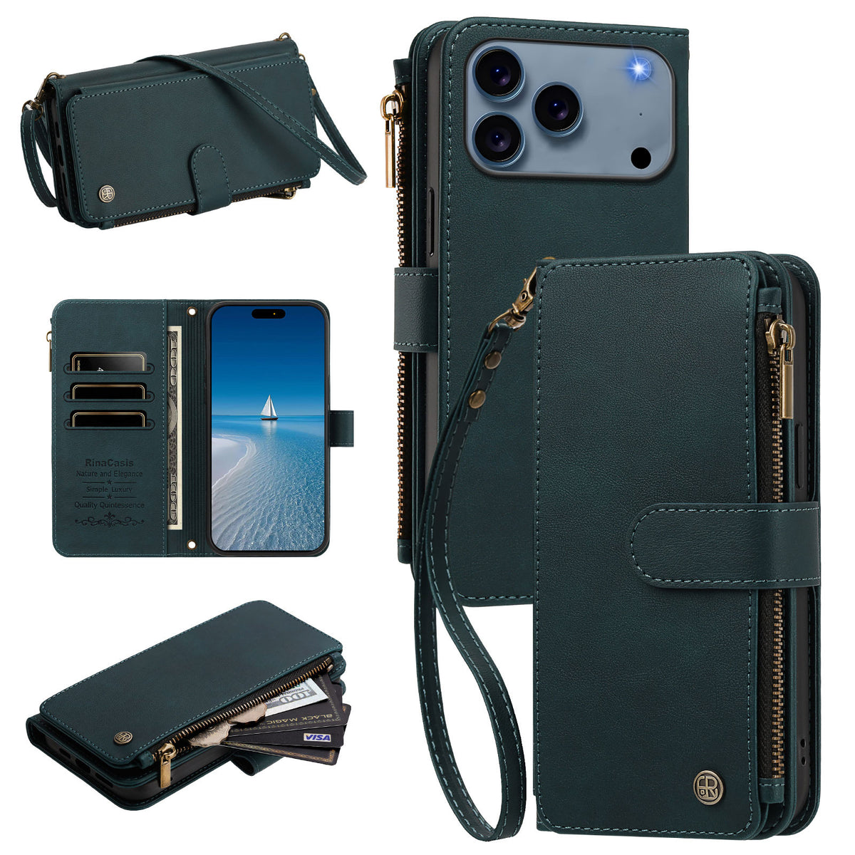 Dark teal green leather zipper wallet case set for iPhone with wrist strap, card slots, and detachable crossbody lanyard