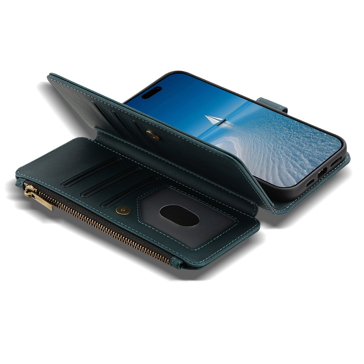 Dark teal leather zipper wallet case for iPhone open showing card slots, ID window, and phone stand angle